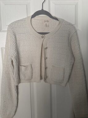Jessica Simpson Cream Cropped Knit Cardigan with Jewel Buttons